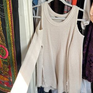 Free people distressed boho cream cold shoulder sweater